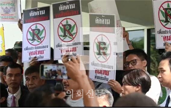 법안의 의회 통과 직전, 일부 기업의 의료용 마리화나 특허 추진 움직임에 항의중인 태국 시민들 모습