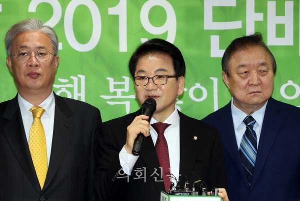 1일 오전 서울 영등포구 여의도 민주평화당 당사에서 열린 민주평화당 2019단배식에서 정동영 대표가 신년사를 하고 있다.