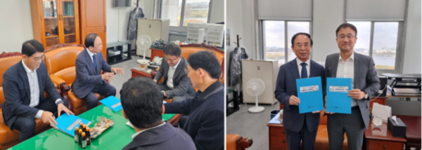 심민 임실군수가 한병도 예산결산특별위원장을 만나 세계명견 테마랜드 조성사업의 마무리를 위한 최종 연도 예산 반영에 국회 차원의 적극적인 협조와 지원을 요청하고 있다. ㅣ 자료제공 임실군